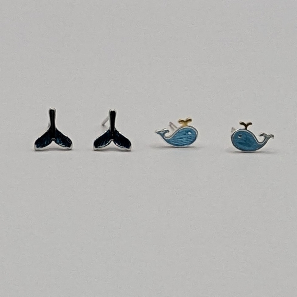 Stud Earrings Blue Whale And Mermaid Tale 925 Sterling Silver